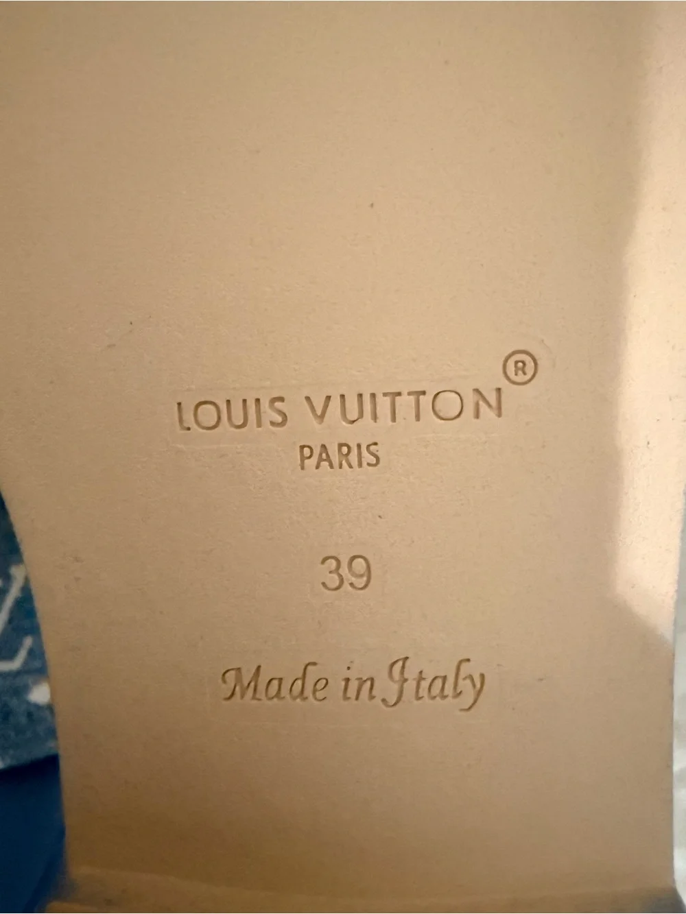 Louis Vuitton Blue Monogram Denim Slide Sandals with Gold Plaque 39 that's(8.5 )